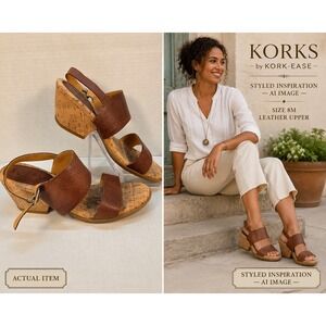 Korks by Kork-Ease‎ Wedge Sandals Womens 8M Brown Excellent Leather Cork Q26106